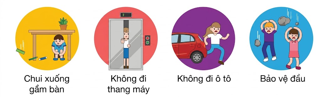 Hình ảnh minh hoạ các hành động cần thiết: Chui xuống gầm bàn, Không đi thang máy, Không đi ô tô, Bảo vệ đầu