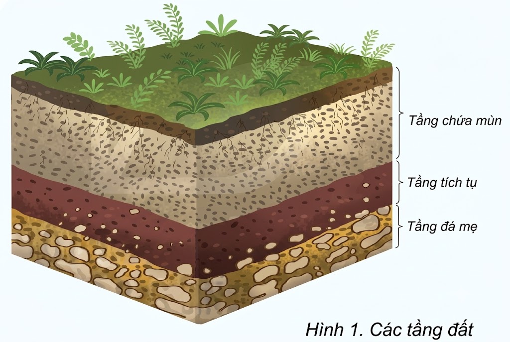 [Hình 1. Các tầng đất (thể hiện Tầng chứa mùn, Tầng tích tụ, Tầng đá mẹ)].