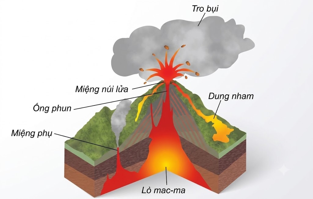 Cấu tạo và hoạt động của một núi lửa (Mô tả các bộ phận: Tro bụi, Miệng núi lửa, Miệng phụ, Ống phun, Dung nham, Lò mac-ma)