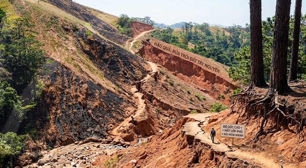 [Hình 3. Đất ở vùng đồi núi Tây Nguyên, Việt Nam bị rửa trôi do độ dốc địa hình và mất lớp phủ thực vật].