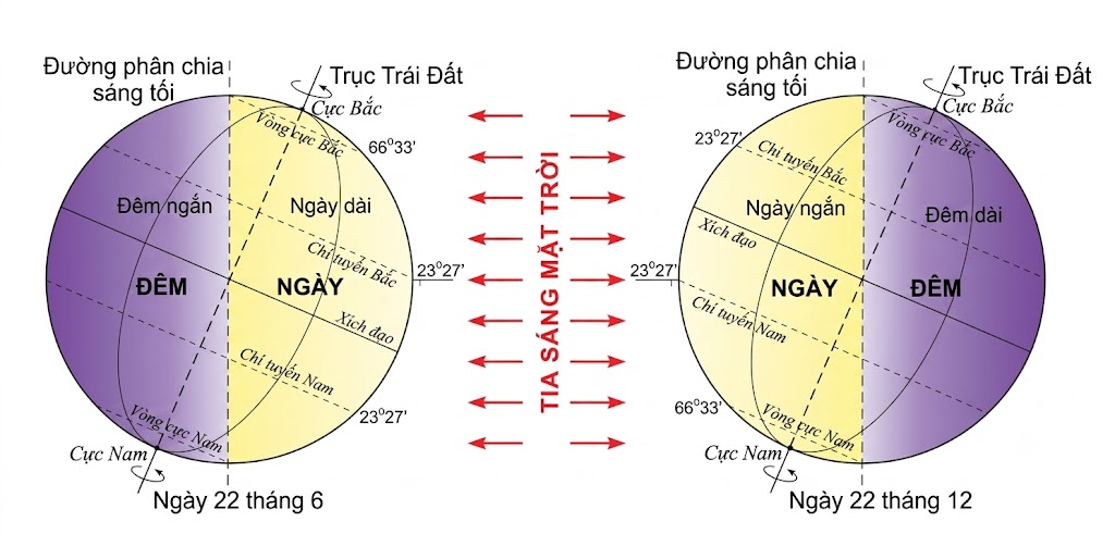 [Hình 4. Độ dài ban ngày và ban đêm trên Trái Đất].