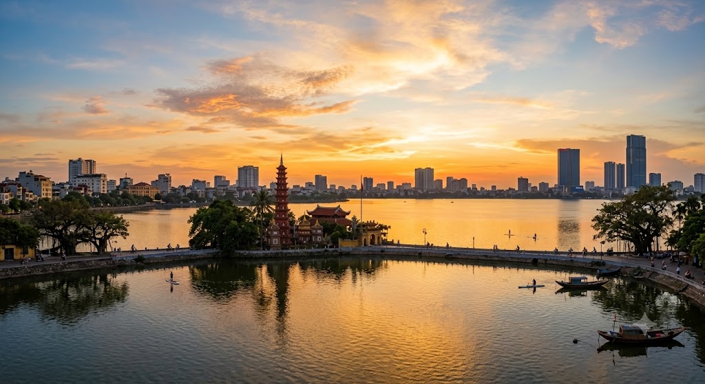 [Hồ Tây ở Hà Nội là hồ móng ngựa được hình thành từ một khúc uốn của sông Hồng].