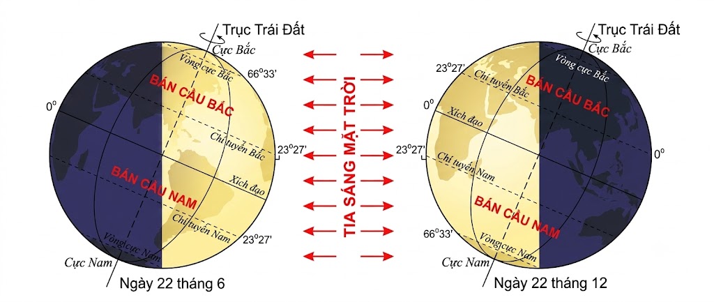 Hình 2. Góc chiếu của tia sáng mặt trời tới Trái Đất