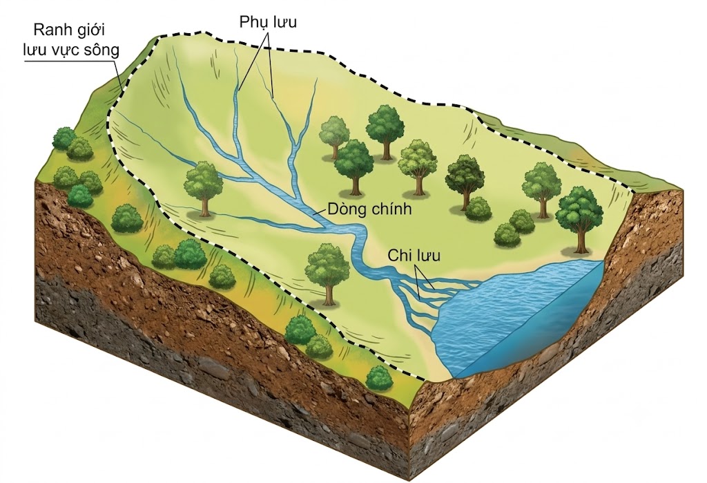 Hình ảnh mô tả một lưu vực sông với các thành phần: Ranh giới lưu vực sông, Phụ lưu, Dòng chính, Chi lưu