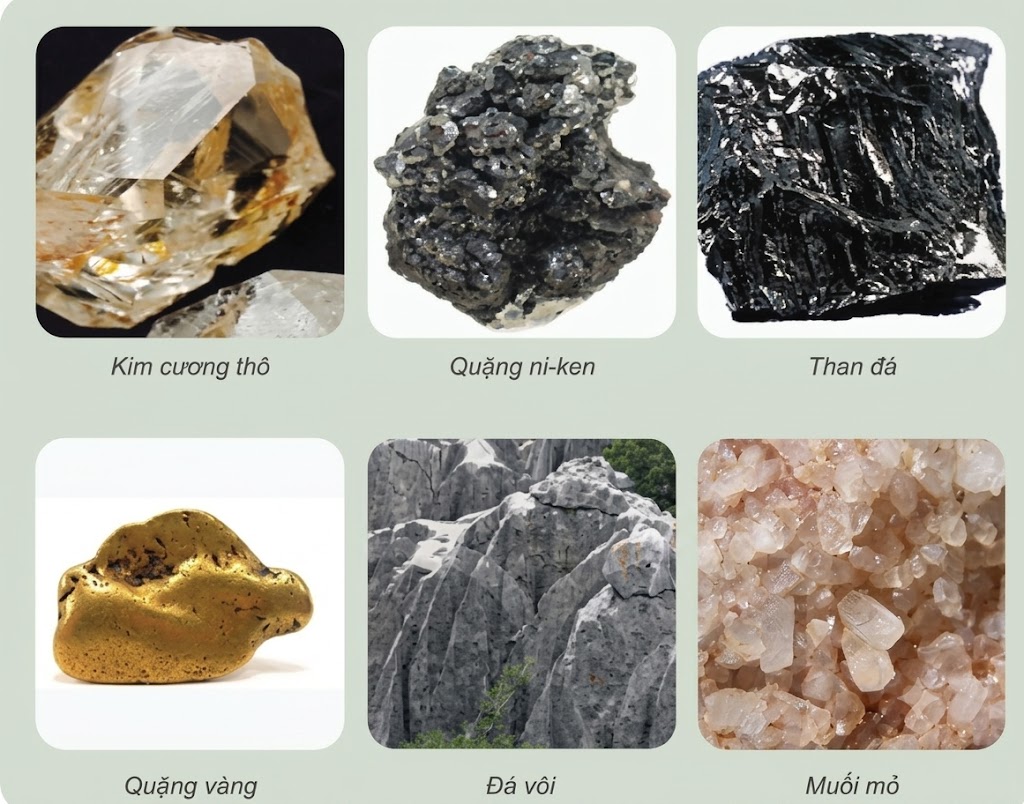 Một số loại khoáng sản: Kim cương thô, Quặng ni-ken, Than đá, Quặng vàng, Đá vôi, Muối mỏ