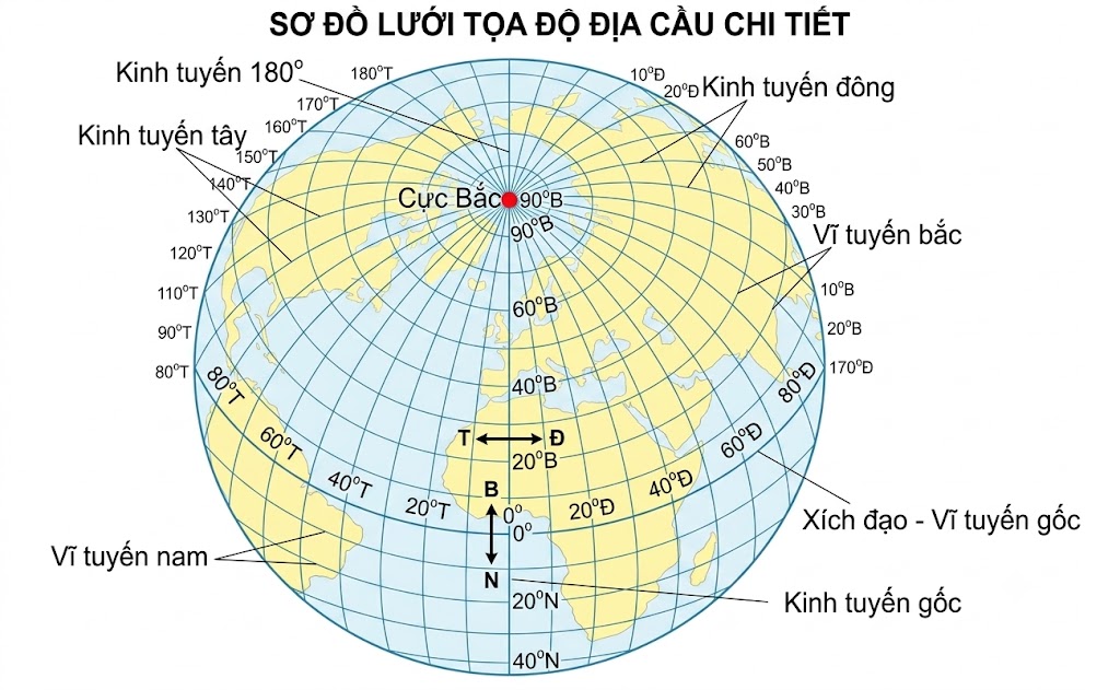Các đường kinh tuyến, vĩ tuyến trên quả Địa Cầu
