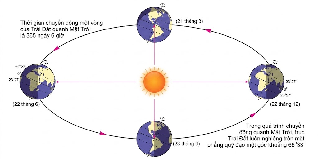 Hình 1. Trái Đất chuyển động quanh Mặt Trời