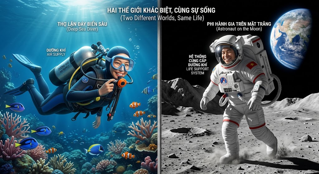 Hình minh họa: Nửa bên trái là một thợ lặn đang bơi dưới đáy biển sâu cùng đàn cá, miệng ngậm ống thở nối với bình dưỡng khí sau lưng. Nửa bên phải là một phi hành gia đang mặc đồ bảo hộ đi bộ trên Mặt Trăng, đằng sau lưng cũng có hệ thống cung cấp dưỡng khí.