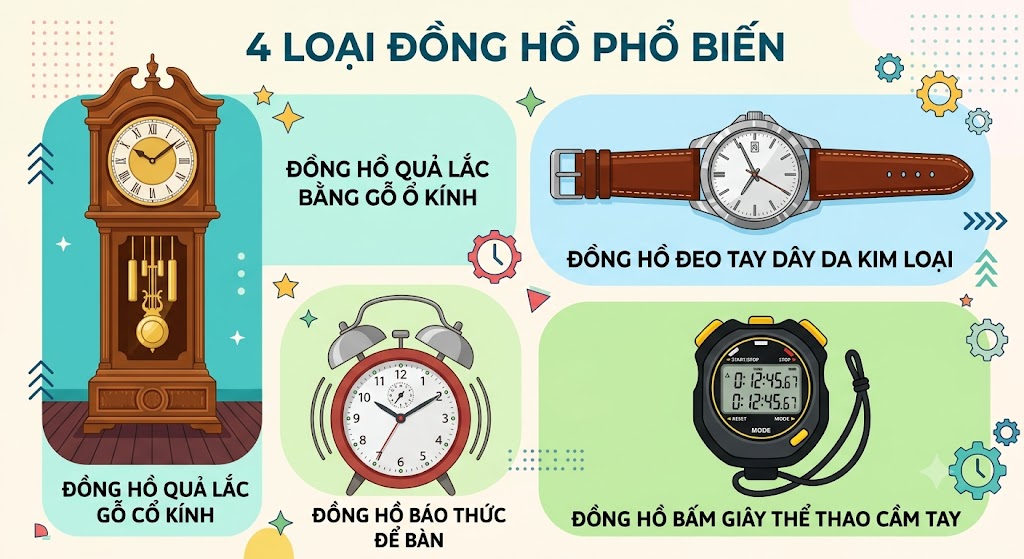 Bảng đồ hoạ thiết kế phẳng minh hoạ 4 loại đồng hồ: 1 chiếc đồng hồ quả lắc bằng gỗ cổ kính đứng trên sàn, 1 chiếc đồng hồ đeo tay dây da kim loại, 1 chiếc đồng hồ báo thức để bàn tròn có hai quả chuông nhỏ trên đầu, và 1 chiếc đồng hồ bấm giây thể thao cầm tay. Có chú thích rõ tên từng loại.