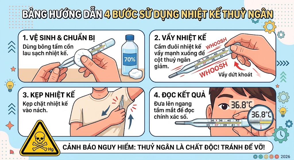 Hướng dẫn 4 bước sử dụng nhiệt kế thuỷ ngân. Hình 1: Bàn tay cầm miếng bông lau nhiệt kế. Hình 2: Bàn tay cầm đuôi nhiệt kế vẩy dứt khoát. Hình 3: Hình mô phỏng kẹp nhiệt kế vào nách. Hình 4: Đưa nhiệt kế lên ngang tầm mắt để đọc số.