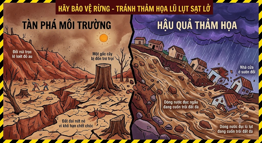 Hình minh hoạ đồ hoạ nghệ thuật chia làm 2 nửa đối lập. Nửa bên trái là cảnh tượng tàn phá: đồi núi trọc lở loét đỏ au bị chặt hết cây, đất đai nứt nẻ vì khô hạn chết chóc, một gốc cây bị đốn trơ trọi. Nửa bên phải là hậu quả: một trận lũ lụt dòng nước đục ngầu đang cuốn trôi đất đá và phá huỷ nhà cửa ở sườn đồi. Phối màu mang tính cảnh báo mạnh mẽ về thảm hoạ môi trường.
