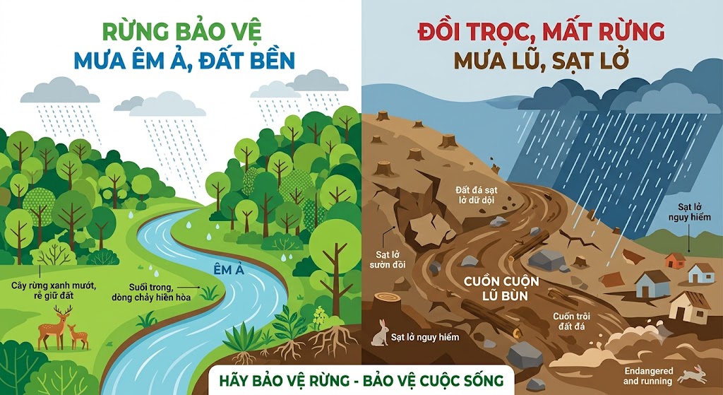 Hình minh hoạ chia làm hai nửa để so sánh. Nửa bên trái là một ngọn đồi phủ kín cây rừng xanh mướt, trời đang mưa nhưng nước chảy xuống suối rất êm ả, đất không bị lở. Nửa bên phải là một ngọn đồi trọc bị chặt hết cây, trời mưa to khiến dòng nước chảy cuồn cuộn thành lũ bùn, cuốn trôi đất đá và làm sạt lở sườn đồi. Phong cách vẽ đồ hoạ phẳng, mang tính giáo dục bảo vệ môi trường sinh thái.