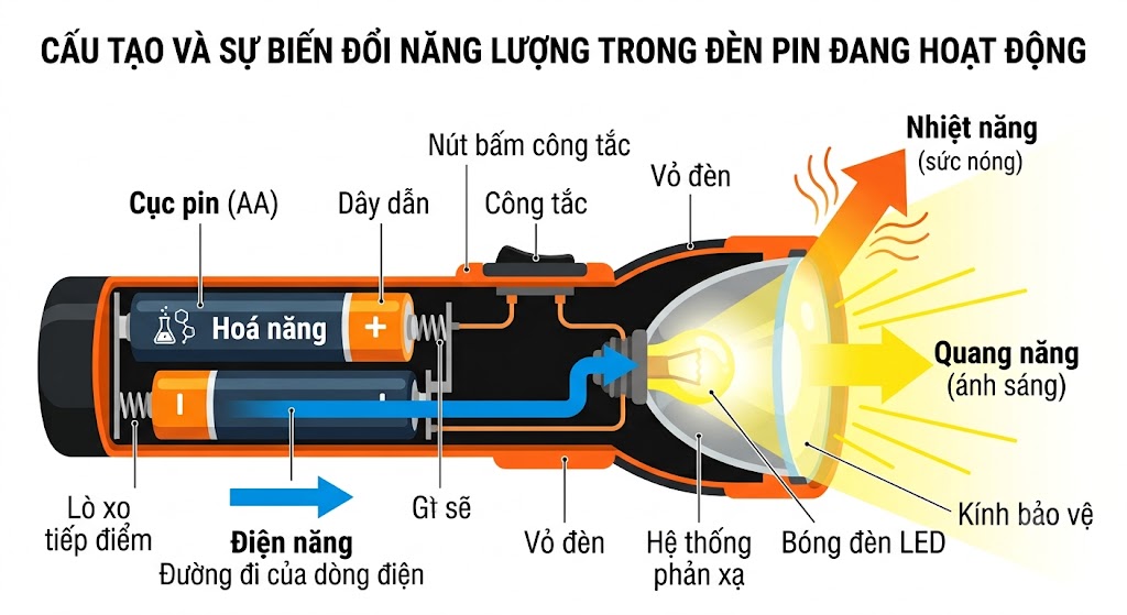 Vẽ cấu tạo bên trong của một chiếc đèn pin đang bật sáng. Có cục pin bên trong nối với bóng đèn đang phát ra tia sáng vàng. 