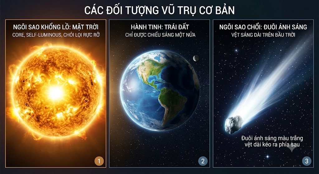 Bức tranh minh hoạ khoa học chia làm 3 ô dọc. Ô 1: Vẽ một ngôi sao khổng lồ màu vàng cam đang tự phát sáng chói lọi rực rỡ (tượng trưng cho Mặt Trời). Ô 2: Vẽ một hành tinh màu xanh lá cây và xanh dương (Trái Đất) đang được chiếu sáng một nửa bởi ánh sáng từ sao. Ô 3: Vẽ một ngôi sao chổi có phần đầu bằng băng đá và một cái đuôi ánh sáng màu trắng vệt dài kéo ra phía sau trên bầu trời đêm.