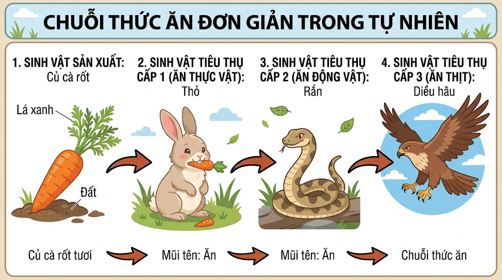 Hình minh hoạ một chuỗi thức ăn đơn giản trong tự nhiên. Bắt đầu bằng hình ảnh một củ cà rốt tươi, có mũi tên chỉ sang một chú thỏ đang ăn cà rốt. Từ chú thỏ có mũi tên chỉ sang một con rắn đang rình mồi. Cuối cùng, từ con rắn có mũi tên chỉ sang một con chim diều hâu đang sải cánh bay. 