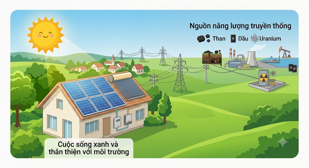 Một bức tranh phong cảnh tươi sáng minh hoạ ứng dụng năng lượng mặt trời. Trên mái của một ngôi nhà có lắp các tấm pin năng lượng mặt trời màu xanh dương đang hấp thụ ánh nắng để tạo ra điện, bên cạnh là một bình bảo ôn đun nước nóng bằng năng lượng mặt trời. Xa xa có các cột điện truyền tải điện năng. Khung cảnh mang thông điệp cuộc sống xanh và thân thiện với môi trường.