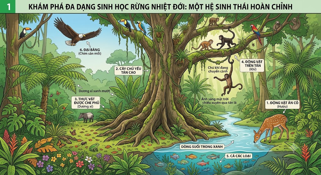 Hình minh hoạ Một khu rừng nhiệt đới rực rỡ sắc màu thể hiện sự đa dạng sinh học. Trong tranh có cây cổ thụ to lớn, dương xỉ xanh mướt. Một chú khỉ đang chuyền cành, một con hươu đang uống nước suối, trên trời có đại bàng đang bay và dưới nước có đàn cá bơi lội. Ánh sáng mặt trời chiếu xuyên qua tán lá, mang lại cảm giác bình yên, tươi đẹp và giáo dục.
