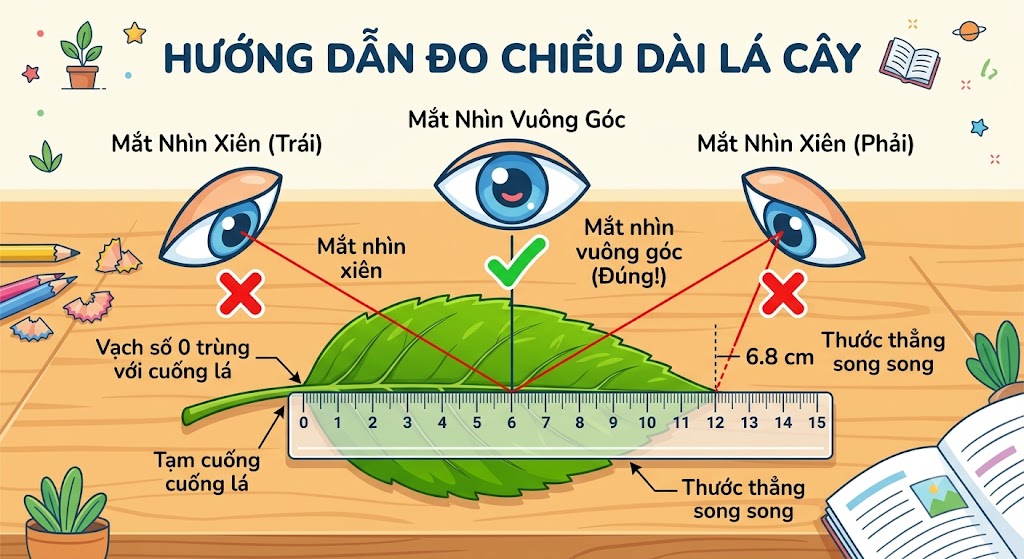 Hình minh hoạ cách đặt mắt và đặt thước đo chiều dài một chiếc lá cây. Chiếc thước thẳng được đặt chuẩn dọc theo chiếc lá, vạch số 0 trùng với cuống lá. Có 3 biểu tượng con mắt (1 mắt nhìn vuông góc từ trên xuống có tick xanh ✔, 2 mắt nhìn xiên từ hai bên có dấu chéo đỏ ❌).