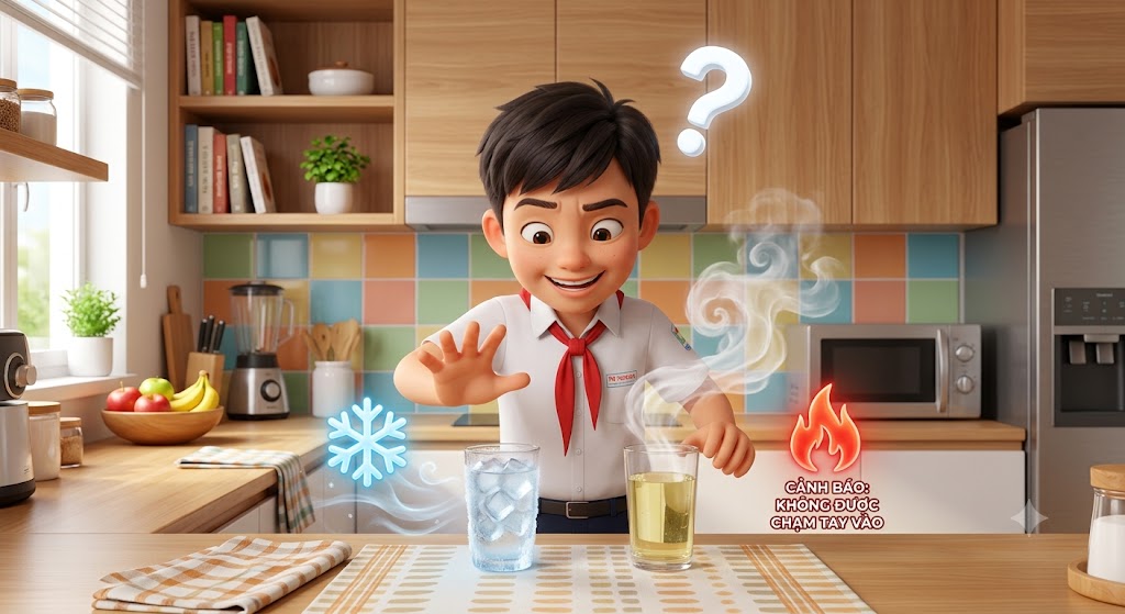 Hình minh hoạ một bạn học sinh đang dùng tay chạm vào một cốc nước đá (có biểu tượng bông tuyết màu xanh) và rụt tay lại vì lạnh. Cạnh đó là một li nước nóng bốc khói (có biểu tượng ngọn lửa màu đỏ kèm cảnh báo không được chạm tay vào)