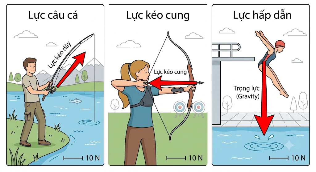 Ô 1: Một cần thủ đang câu cá, mũi tên lực màu đỏ hướng xiên lên trên dọc theo dây câu. Ô 2: Một cung thủ đang kéo cung, mũi tên lực màu đỏ hướng nằm ngang về phía sau dọc theo mũi tên thật. Ô 3: Một vận động viên nhảy cầu đang rơi xuống nước, mũi tên lực màu đỏ hướng thẳng đứng từ trên xuống dưới biểu diễn trọng lực.