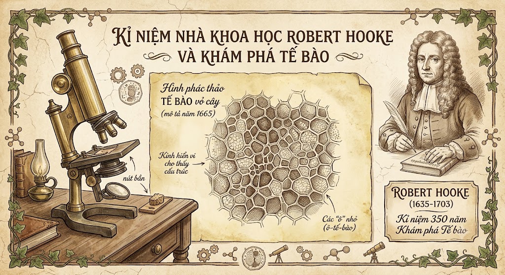 Hình minh hoạ mang phong cách giả cổ kỉ niệm nhà khoa học Robert Hooke. Góc trái là một chiếc kính hiển vi bằng đồng cổ đại rọi vào một mẩu nút bần (vỏ cây). Ở giữa là hình vẽ phác thảo các 