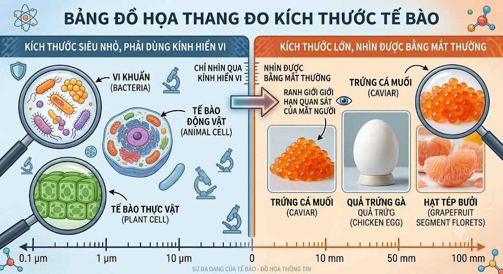 Đồ hoạ thang đo kích thước tế bào (từ nhỏ đến lớn). Bên trái (Kích thước siêu nhỏ, phải dùng kính hiển vi): Hình ảnh vi khuẩn, tế bào động vật, thực vật. Bên phải (Kích thước lớn, nhìn được bằng mắt thường): Hình ảnh trứng cá muối màu cam, quả trứng gà và hạt tép bưởi. Mũi tên chỉ rõ ranh giới giới hạn quan sát của mắt người.