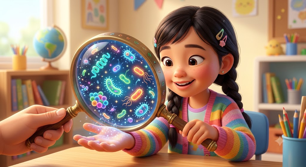 Một kính lúp khổng lồ đang soi vào lòng bàn tay của một bạn nhỏ. Dưới kính lúp hiện lên vô số những sinh vật nhỏ bé lấp lánh với đủ hình dáng: hình que, hình xoắn, hình cầu đang chuyển động sinh động.