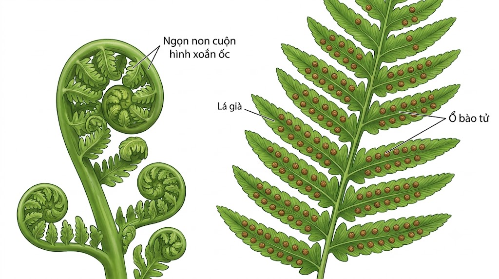 Hình minh hoạ cận cảnh một cành lá dương xỉ xanh mướt. Một phần vẽ cận cảnh phần ngọn lá non đang cuộn tròn lại hình xoắn ốc rất đẹp. Phần kia hiển thị mặt sau của một chiếc lá già, vẽ rõ các đốm tròn nhỏ xíu màu nâu xếp thành hàng, đó là các ổ bào tử.