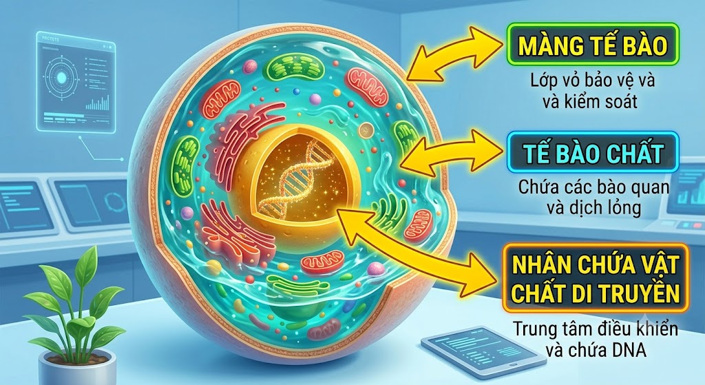 Ảnh mô phỏng lát cắt của một tế bào hình cầu. Có 3 mũi tên chỉ vào 3 thành phần: Lớp vỏ ngoài cùng (chú thích: Màng tế bào); Lớp dịch lỏng màu xanh nhạt bên trong (chú thích: Tế bào chất); và một khối hình cầu rắn chắc ở chính giữa (chú thích: Nhân chứa vật chất di truyền). Màu sắc nổi bật, trực quan.