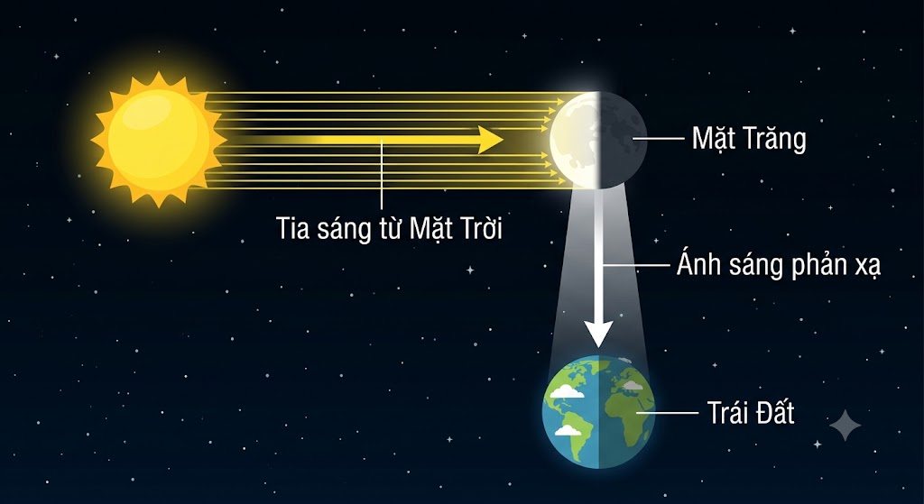 Vẽ Mặt Trời ở xa đang phát ra những tia sáng màu vàng chiếu thẳng vào một mặt của Mặt Trăng. Từ mặt sáng đó của Mặt Trăng, có một tia sáng màu trắng phản xạ lại chiếu thẳng xuống một quả địa cầu (Trái Đất) màu xanh bên dưới.