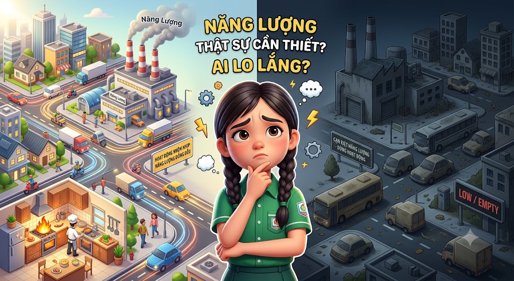 Hình minh hoạ 3D phong cách hoạt hình thể hiện hai nửa đối lập. Nửa bên trái là cảnh sinh hoạt nhộn nhịp, ô tô chạy trên đường, nhà máy hoạt động, bếp nấu ăn rực lửa. Nửa bên phải là cảnh tối tăm, các phương tiện giao thông đắp chiếu, nhà máy ngừng hoạt động vì cạn kiệt năng lượng. Khuôn mặt một bạn học sinh ở giữa đang lo lắng suy nghĩ.