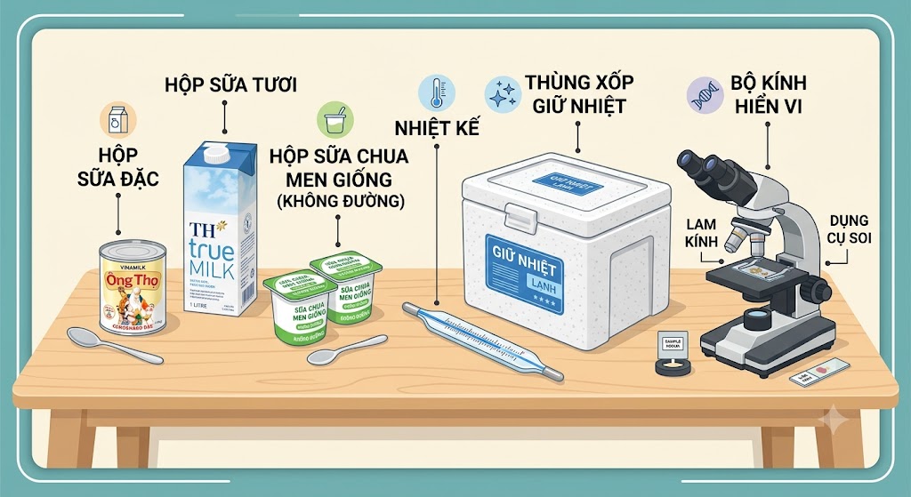 Bảng đồ hoạ thiết kế phẳng minh hoạ các vật dụng trên bàn. Gồm: Hộp sữa đặc, hộp sữa tươi, hộp sữa chua men giống (có dán nhãn 