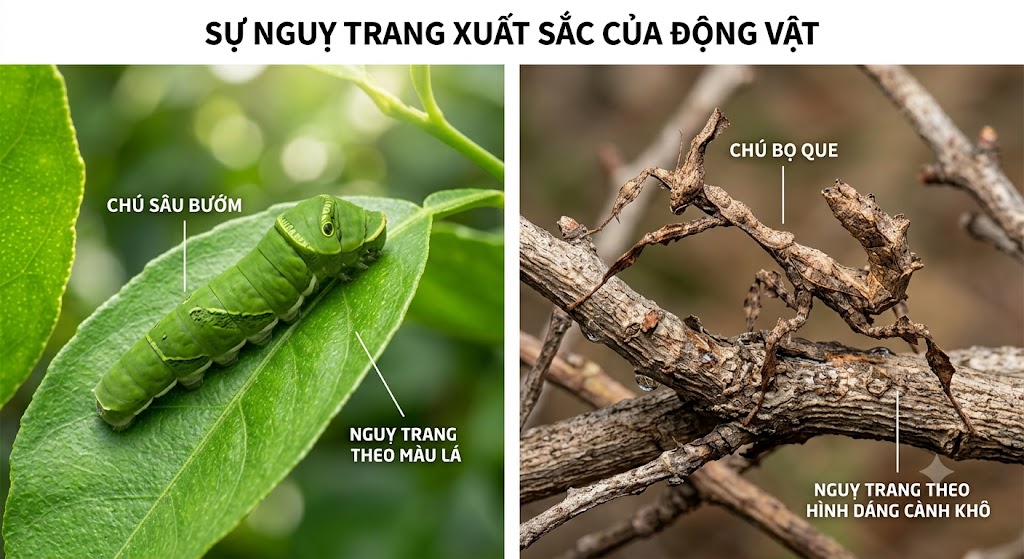 Hình minh hoạ nhiếp ảnh cận cảnh, chia làm hai nửa. Nửa bên trái là một chú sâu bướm màu xanh lá cây rực rỡ đang bò trên một chiếc lá xanh, hoà lẫn vào màu lá. Nửa bên phải là một chú bọ que có hình dáng và màu sắc giống hệt một cành cây khô sần sùi đang đậu trên nhành cây. Thể hiện sự nguỵ trang xuất sắc của động vật.