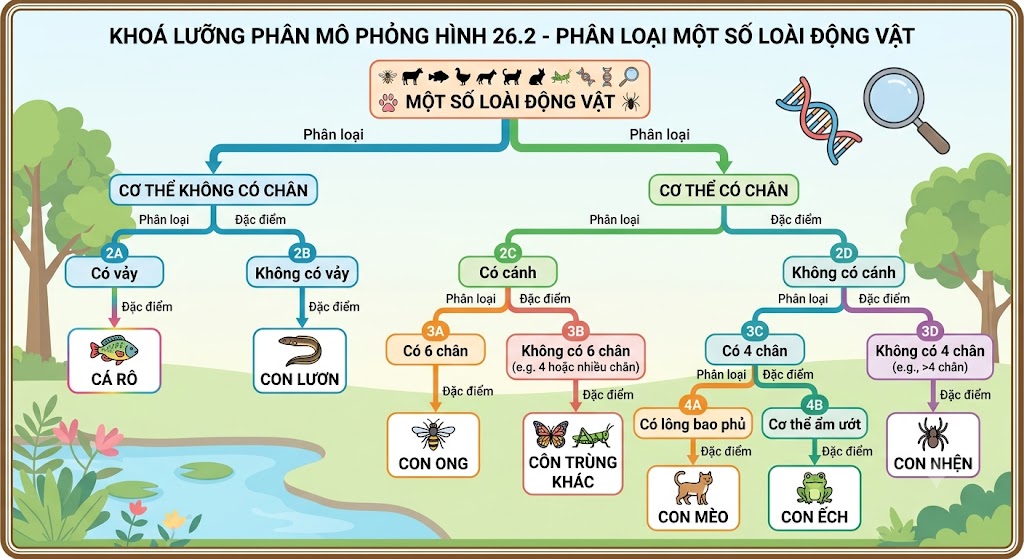 Sơ đồ tư duy khoá lưỡng phân mô phỏng Hình 26.2. Ô trên cùng ghi 