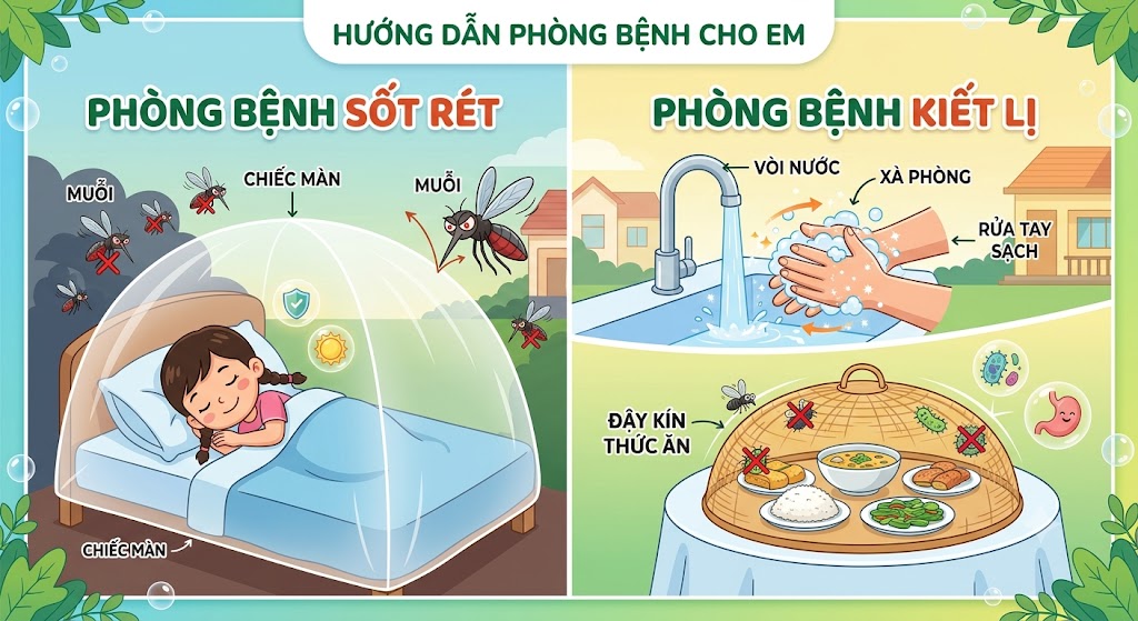 Phòng bệnh cho bé. Nửa bên trái là hình ảnh một bạn nhỏ đang ngủ trong chiếc màn màu trắng cẩn thận để chống muỗi đốt (phòng sốt rét). Nửa bên phải là hình ảnh rửa tay bằng xà phòng dưới vòi nước và một bàn thức ăn được đậy lồng bàn kín (phòng bệnh kiết lị).