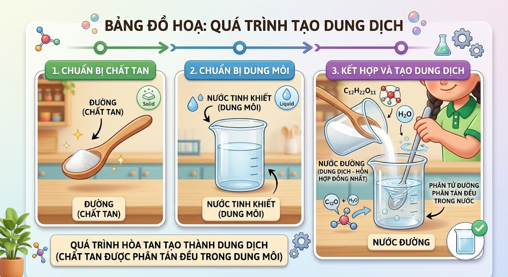 Ảnh mô phỏng quá trình tạo dung dịch. Gồm 3 hình nhỏ liên tiếp: Hình 1 là một thìa 