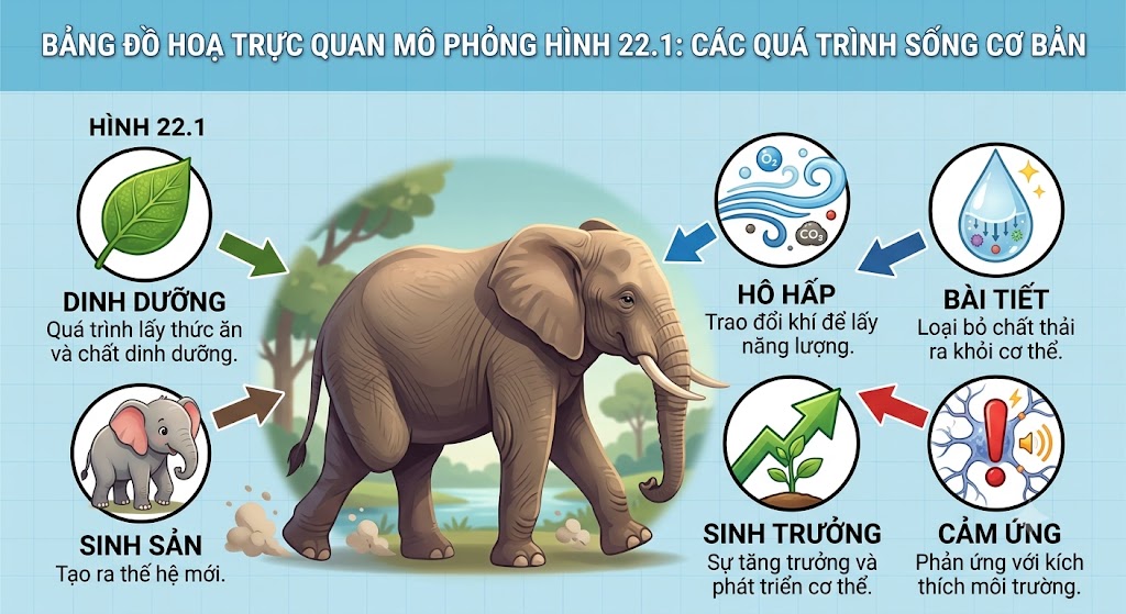Ở giữa là một chú voi khổng lồ đang bước đi. Xung quanh chú voi có 6 mũi tên chỉ vào 6 biểu tượng tương ứng với 6 quá trình sống cơ bản: Dinh dưỡng (hình chiếc lá), Hô hấp (hình luồng khí), Bài tiết (hình giọt nước), Cảm ứng (hình dấu chấm than), Sinh trưởng (hình mũi tên vươn lên) và Sinh sản (hình voi con).