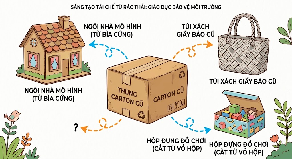 Bức tranh minh hoạ tươi vui mang tính giáo dục bảo vệ môi trường. Giữa tranh là một chiếc thùng carton màu nâu cũ. Xung quanh chiếc thùng có các mũi tên chỉ ra những sản phẩm thủ công được tái chế vô cùng sáng tạo: một ngôi nhà mô hình làm từ bìa cứng carton, một chiếc túi xách làm từ giấy báo cũ, và một chiếc hộp đựng đồ chơi nhỏ xinh cắt ra từ vỏ hộp. 