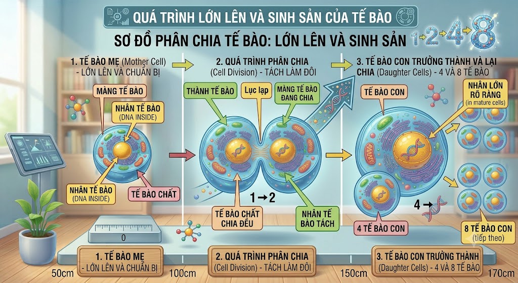Sơ đồ phân chia tế bào. Vẽ một tế bào mẹ (màu xanh lục) đang kéo dài ra ở giữa và tách làm đôi thành 2 tế bào. Tiếp theo mũi tên chỉ 2 tế bào đó lại phình to và tách thành 4 tế bào. Có các con số nhảy múa: 1 -> 2 -> 4 -> 8. Có chú thích: Sơ đồ quá trình lớn lên và sinh sản của tế bào.