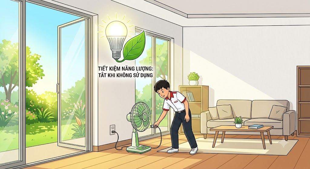 Hình Vẽ một phòng khách gia đình ngập tràn ánh sáng mặt trời chiếu qua khung cửa sổ lớn đang mở, không bật đèn điện. Một bạn học sinh đang dùng tay rút phích cắm của một chiếc quạt máy ra khỏi ổ điện khi không sử dụng.