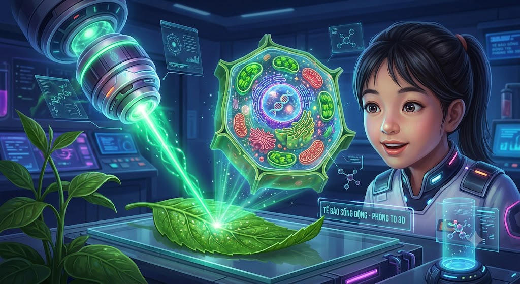 Một ống kính hiển vi ảo đang chiếu tia sáng vào một chiếc lá cây. Tại vùng được chiếu sáng, hình ảnh phóng to hiện ra một tế bào sống động dạng không gian ba chiều (3D) lơ lửng, bên trong chứa các cấu trúc lấp lánh nhiều màu sắc.