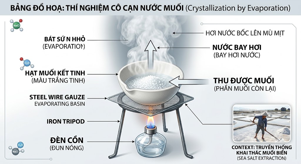 Thí nghiệm cô cạn nước muối. Hình ảnh một chiếc bát sứ nhỏ chứa nước muối được đặt trên giá sắt, đun nóng bằng đèn cồn phía dưới. Hơi nước bốc lên mù mịt, bên trong bát sứ chỉ còn lại những hạt muối màu trắng tinh. Có mũi tên chú thích: 