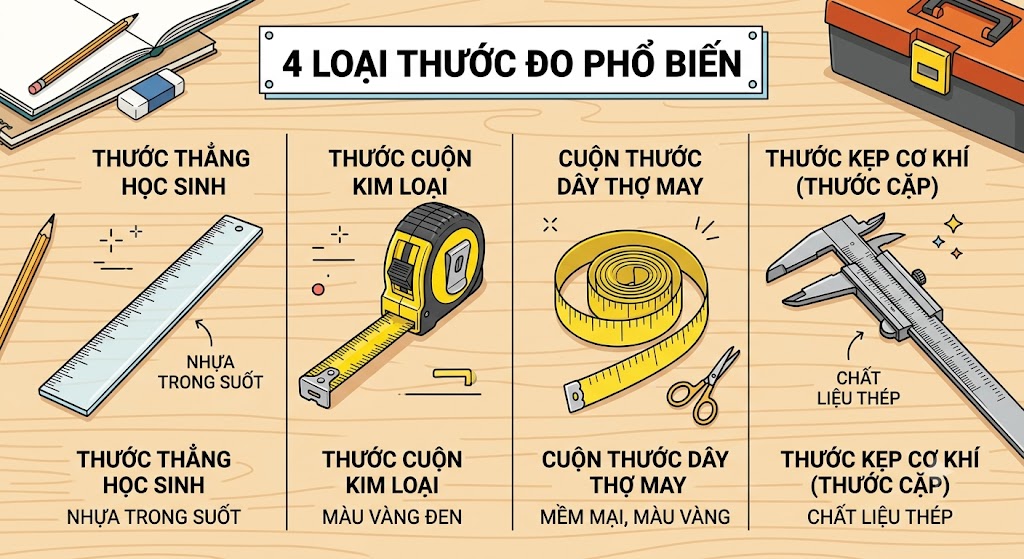 Bảng đồ hoạ minh hoạ 4 loại thước đo phổ biến đặt trên mặt bàn gỗ: 1 chiếc thước thẳng học sinh bằng nhựa trong suốt, 1 chiếc thước cuộn bằng kim loại màu vàng đen, 1 cuộn thước dây thợ may mềm mại màu vàng, và 1 chiếc thước kẹp (thước cặp) cơ khí bằng thép.