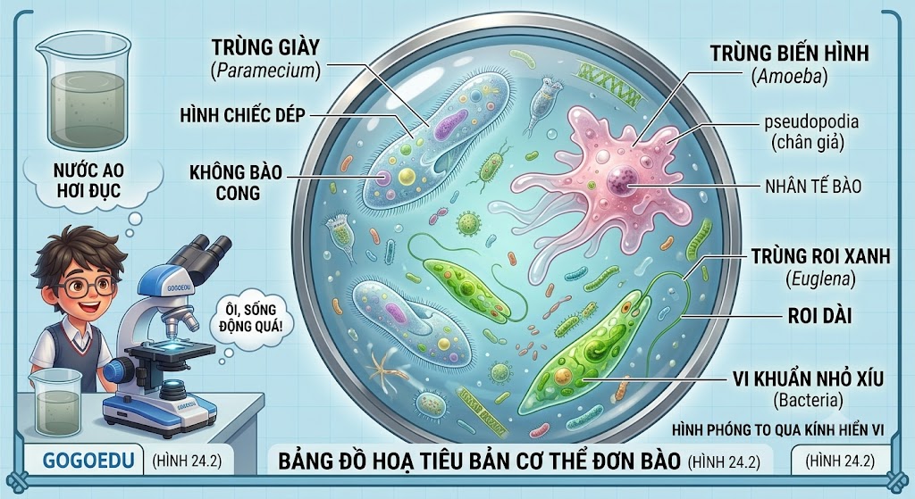 Hình minh hoạ mô phỏng Hình 24.2 - Tiêu bản một số cơ thể đơn bào phổ biến ở nước ao hồ. Hình ảnh phóng to qua khung tròn của kính hiển vi cho thấy: Trùng giày hình chiếc dép, Trùng biến hình màu hồng nhạt, Trùng roi xanh có chiếc đuôi dài, và các vi khuẩn nhỏ xíu.