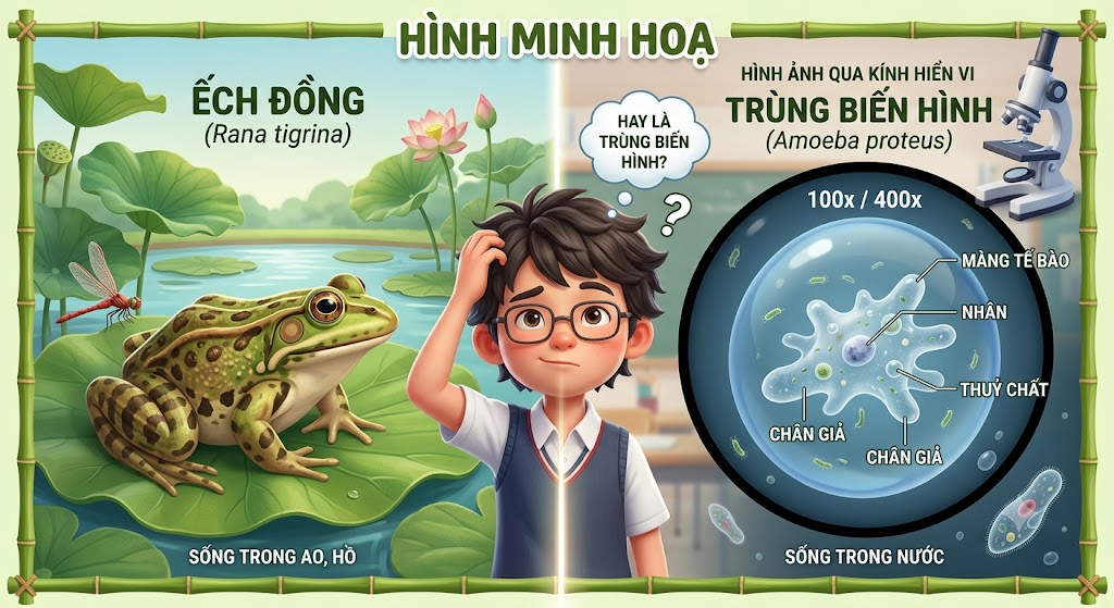 Hình minh hoạ: Nửa bên trái là một chú ếch đồng to lớn đang ngồi trên lá sen. Nửa bên phải là hình ảnh kính hiển vi đang phóng to một giọt nước, bên trong có một con trùng biến hình (amip) trong suốt.