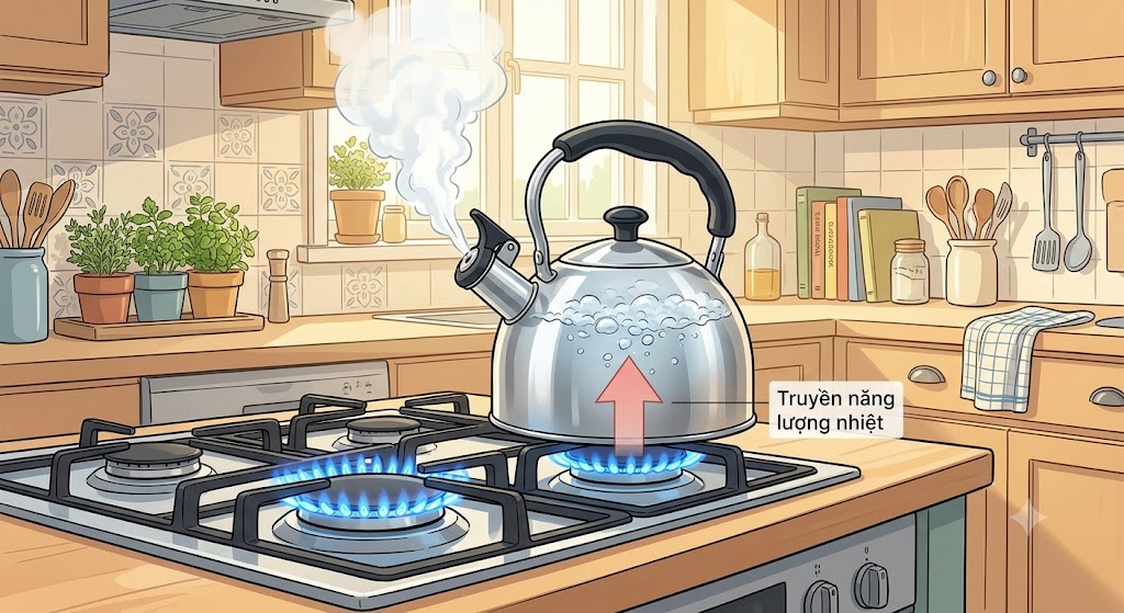  Bức tranh vẽ một nhà bếp ấm cúng. Trên bếp gas đang cháy với ngọn lửa màu xanh, có đặt một chiếc ấm đun nước bằng kim loại. Nước trong ấm đang sôi sùng sục và bốc hơi nước bay lên từ vòi ấm. 
