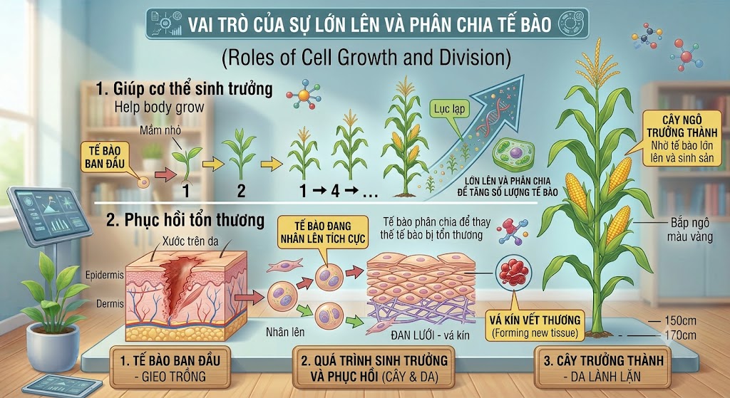 Khung 1 (Giúp cơ thể sinh trưởng): Hình ảnh một mầm cây ngô nhỏ đang lớn dần qua các giai đoạn thành cây ngô trưởng thành cao vút có bắp ngô màu vàng. Khung 2 (Phục hồi tổn thương): Hình minh hoạ cận cảnh một vết xước trên da, bên dưới là các tế bào mới đang tích cực nhân lên đan lưới vá kín vết thương.