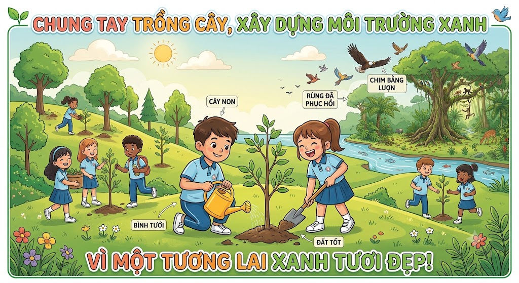 Bức tranh minh hoạ tươi sáng mang thông điệp bảo vệ môi trường. Các bạn học sinh mang đồng phục đang vui vẻ tham gia hoạt động trồng cây xanh trên đồi. Một bạn đang cầm bình tưới nước cho cây non, một bạn đang lấp đất. Xa xa là những loài chim đang bay lượn trên một khu rừng xanh tốt đã được phục hồi. Không khí tích cực, nét vẽ dễ thương phù hợp với học sinh.