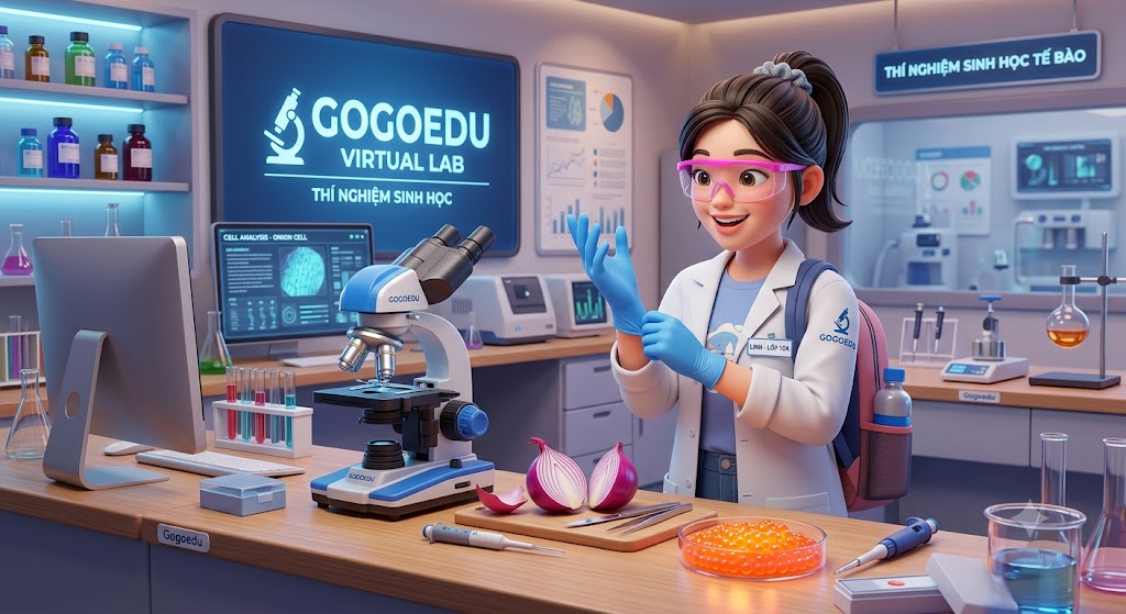 Hình minh hoạ không gian phòng thí nghiệm ảo Gogoedu. Trên bàn có đặt một chiếc kính hiển vi quang học sáng bóng, một củ hành tây cắt dở và một đĩa petri chứa những hạt trứng cá màu cam lấp lánh.