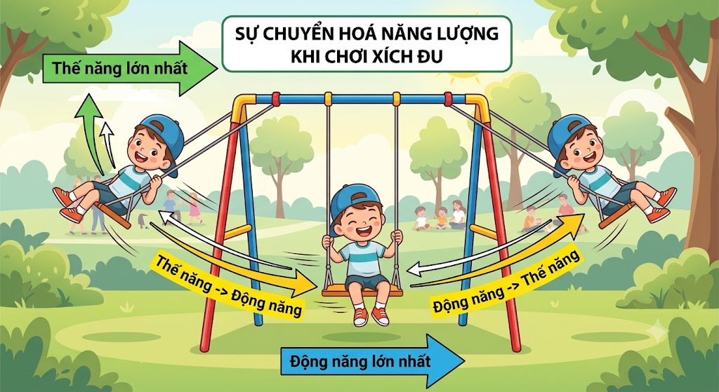 Hình minh hoạ một em bé đang chơi xích đu trong công viên. Vẽ ba trạng thái của chiếc xích đu. Trạng thái 1: Xích đu ở vị trí cao nhất (chú thích: Thế năng lớn nhất). Trạng thái 2: Xích đu lao xuống vị trí thấp nhất ở giữa (chú thích: Động năng lớn nhất). Thể hiện sự chuyển hoá liên tục qua lại giữa năng lượng độ cao và năng lượng chuyển động. 